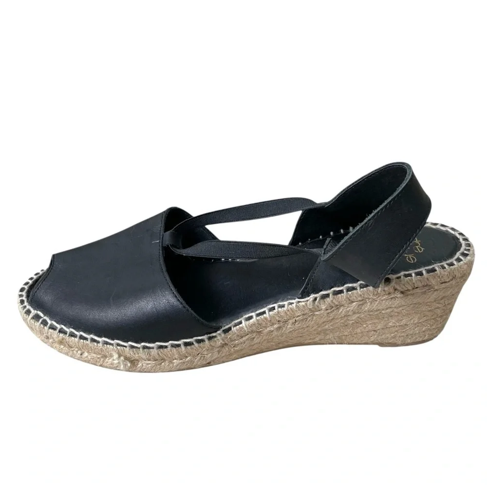 ANDRE ASSOUS Spain Leather Sling Back Peep Toe Wedge Espadrilles Sandal Black 10